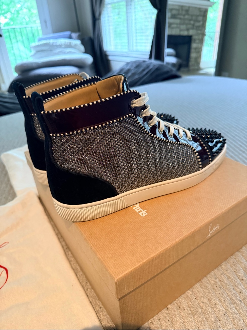 Christian Louboutin Black and Silver Spike-Embellished High-Top Sneakers